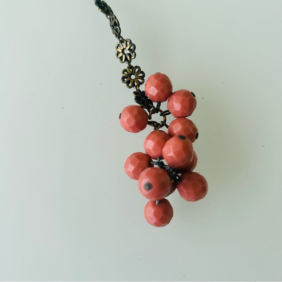 Claire Juillet vintage brass and coral bead lariat necklace and brooch